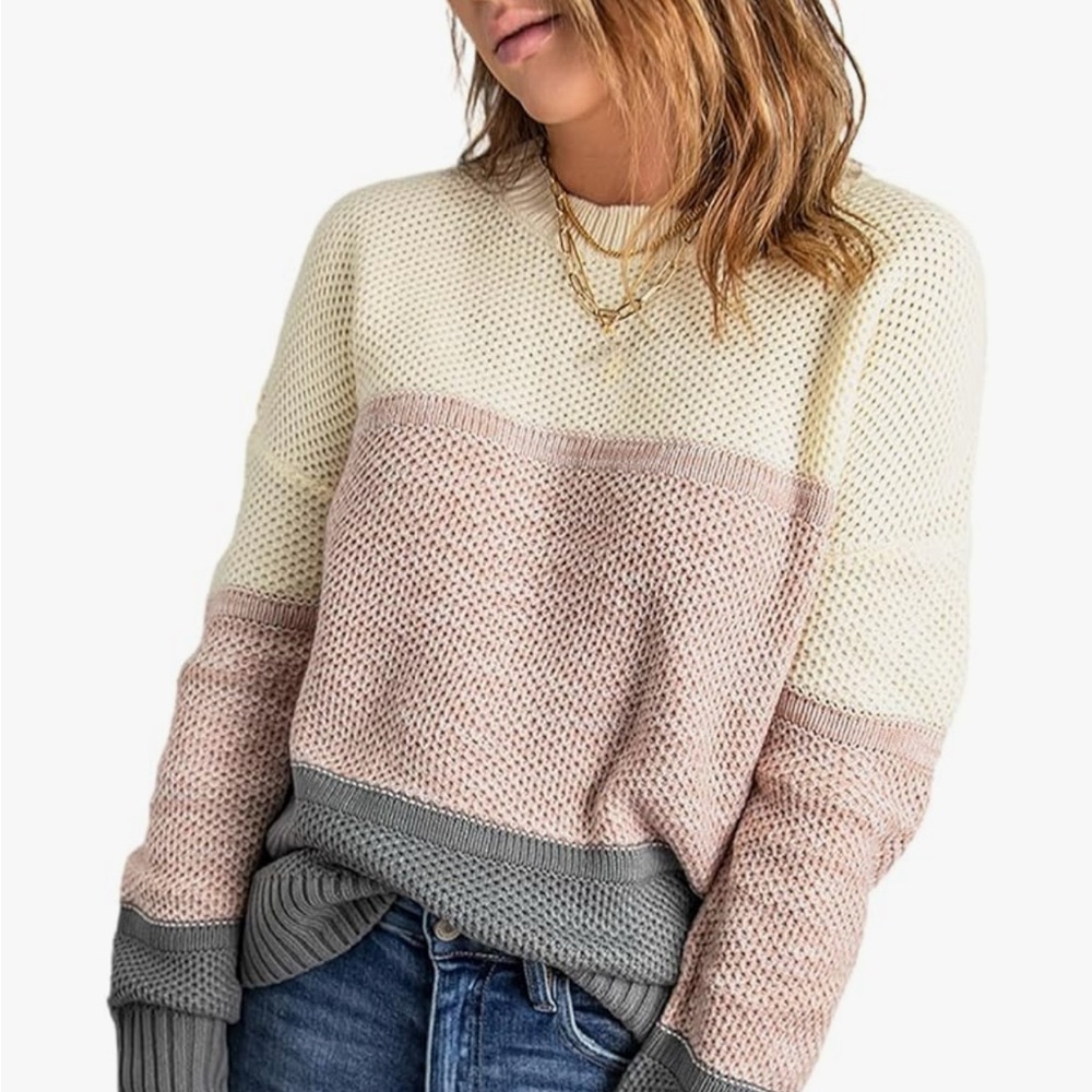 Elegant Colorblock Sweater - Cream, Pink, and Gray